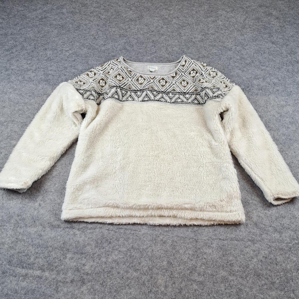 Sundance Sweater Womens Large Cream Sherpa Fleece Pullover Embroidered Beaded
